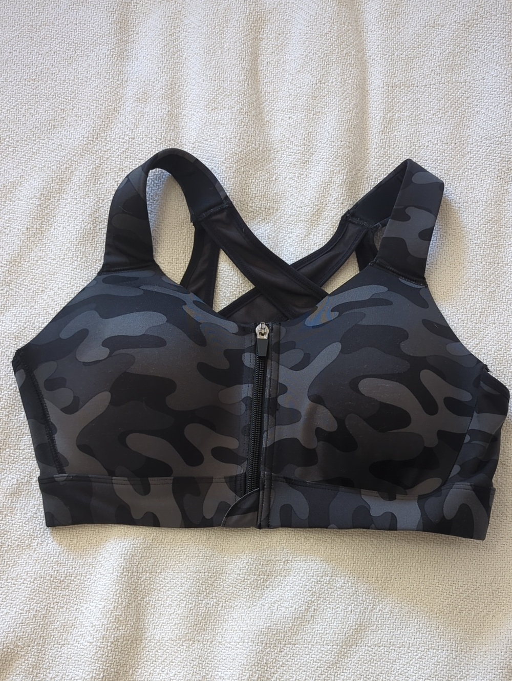 Layer 8 Black Sports Bra with Subtle Camo Print